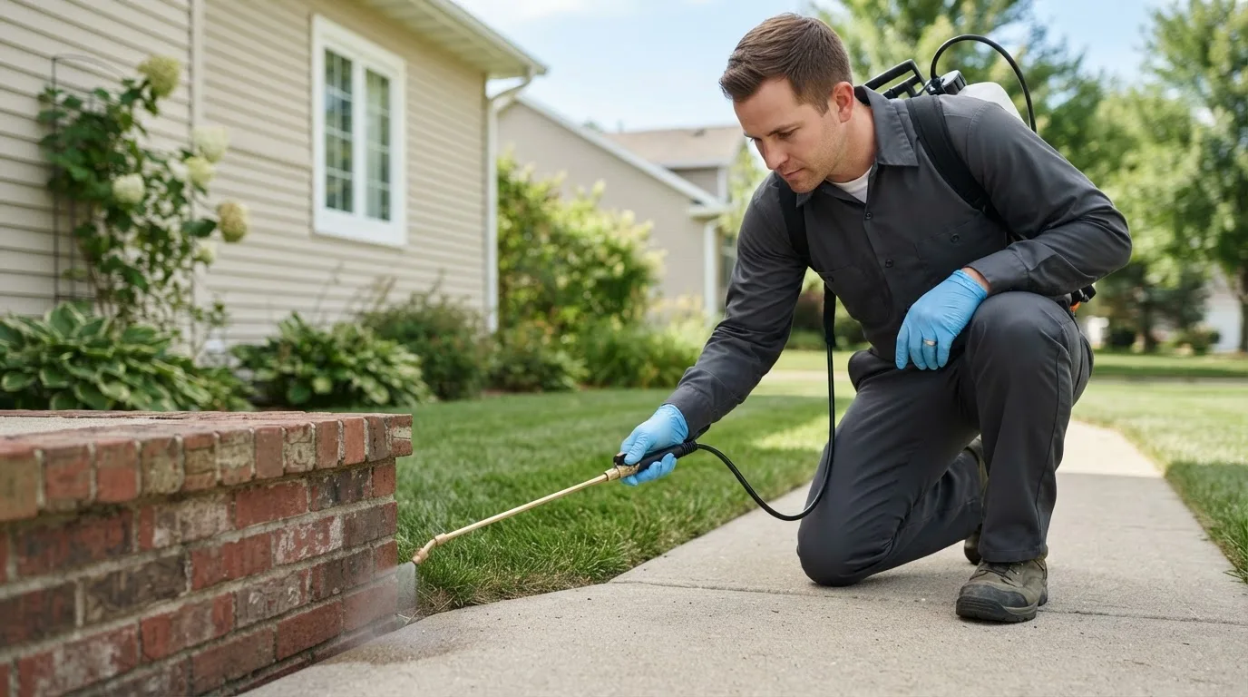 Pest control technician treating a home near Vineyard, UT